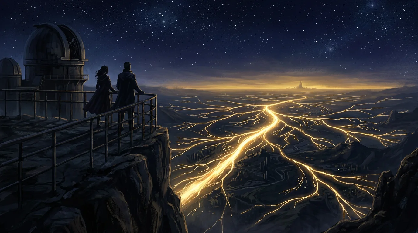 Two figures overlooking a valley of branching light