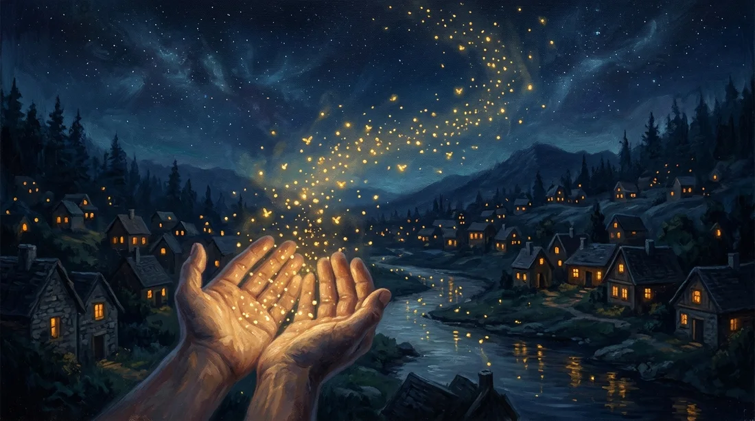 Hands releasing golden fireflies over a village at night
