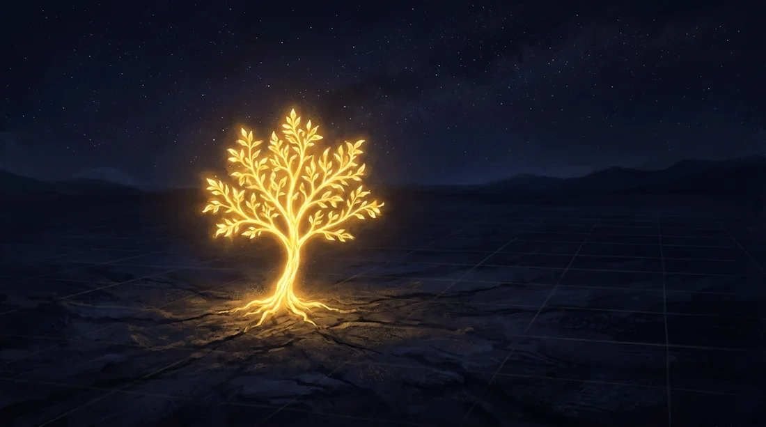 A single luminous sapling of light on a dark plain