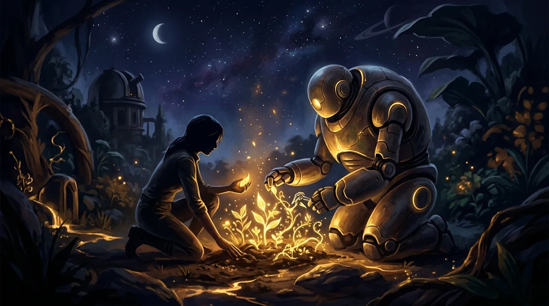 A person and a machine tending a garden of light together